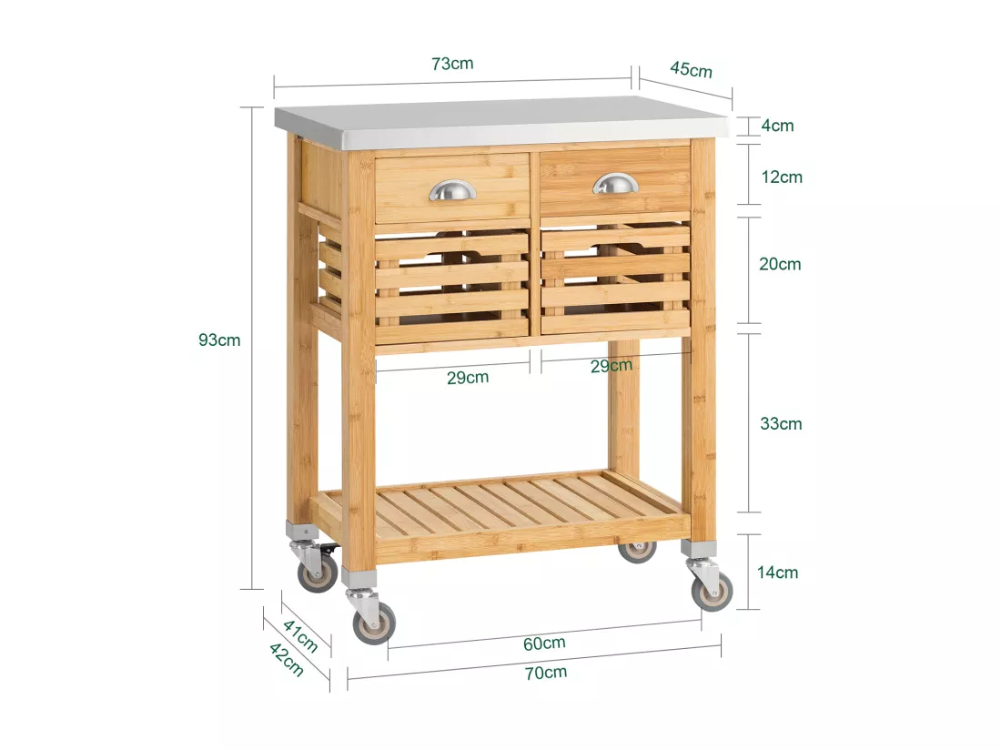 Desserte Sur Roulettes Armoire De Rangement En Bambou Plan De Travailen En Acier Inox, Fkw40-n