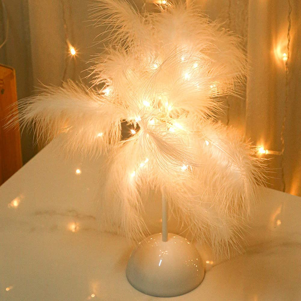 (35cm) LED Nachttisch Lampe Party Deko Beleuchtung im Feder Baum Design (Batteriebetrieben) - Weiss