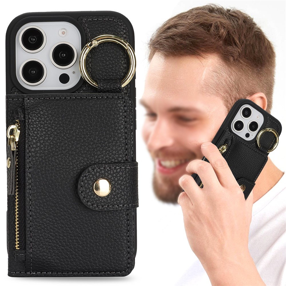 iPhone 16 Pro Max Leder Hülle mit Münzfach und Kartenfächer   Finger Griff Halterung - Schwarz