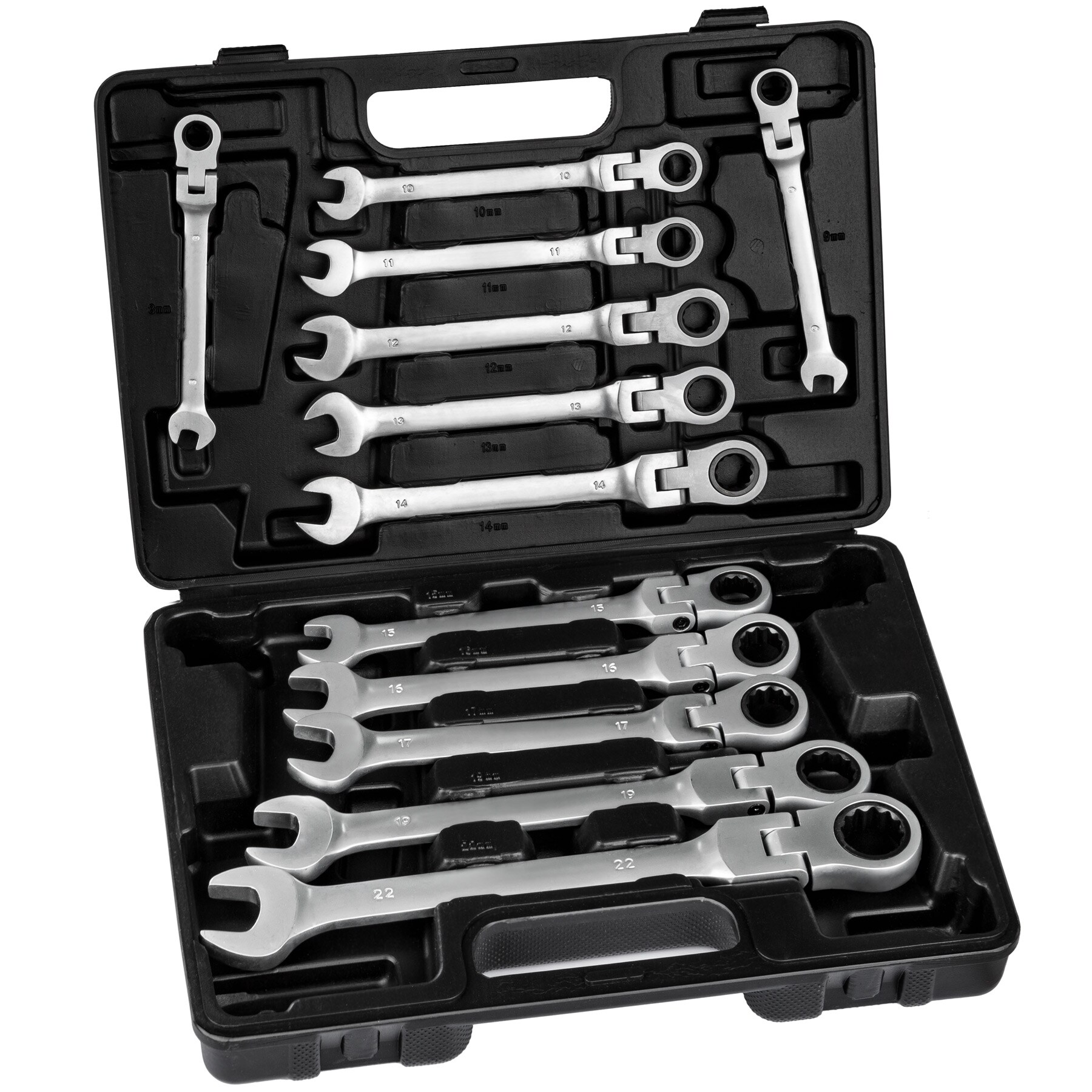 tectake® Ratschenschlüsselsatz, 12-teilig, 8 - 22 mm, 72 Zahn-Getriebe, inklusive Kunststoffkoffer