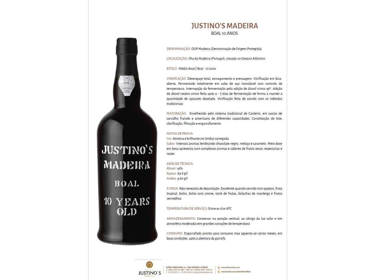 VINHO MADEIRA JUSTINO'S BOAL 10 ANOS 0.75L