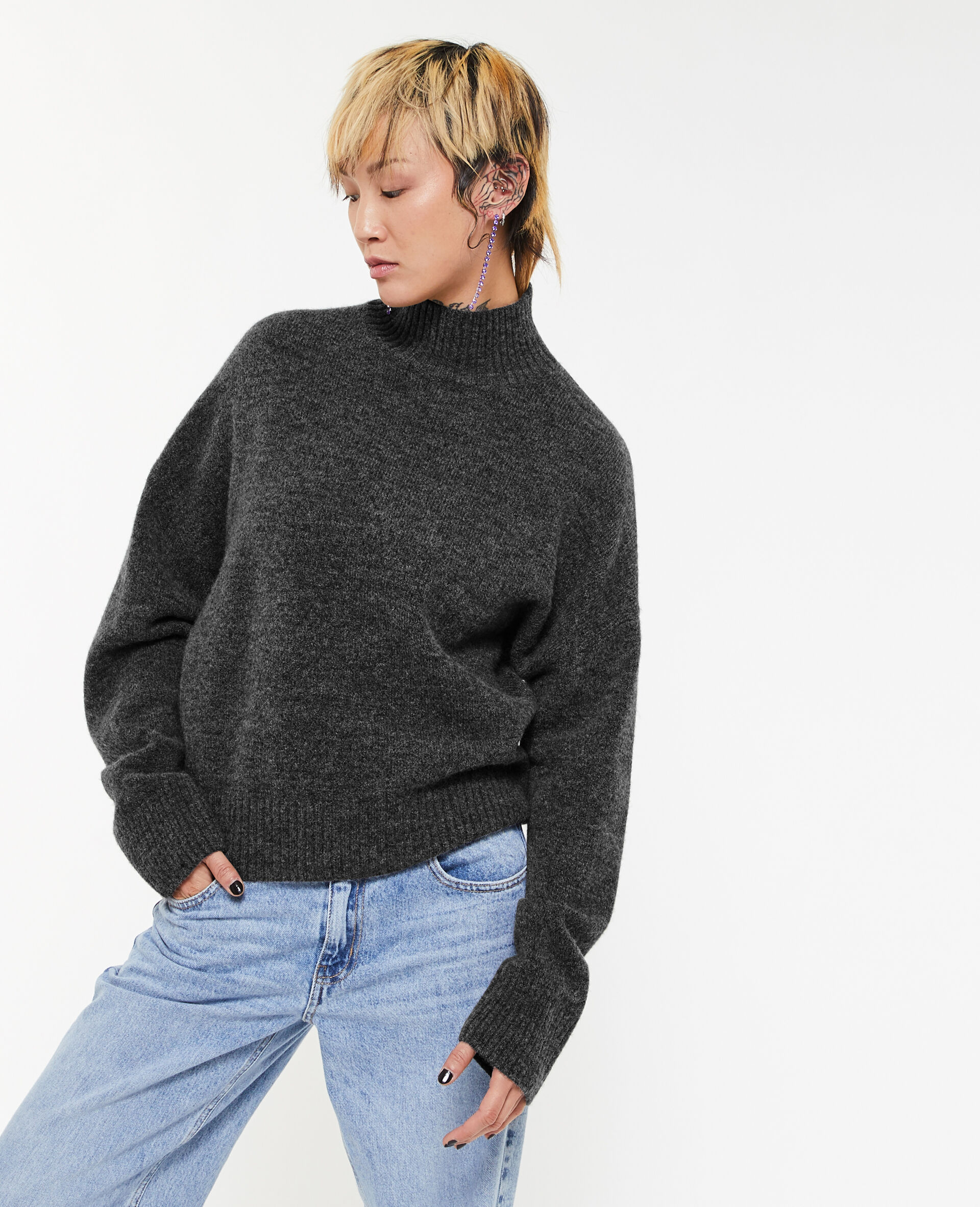 Pull oversize col montant - Gris foncé