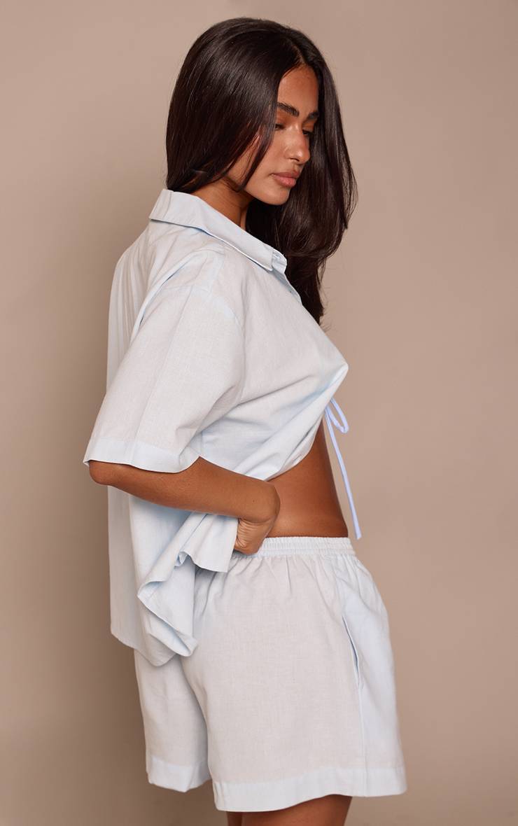 Bleu Layette Short Fluide Petite Taille Élastiquée Aspect Lin Ensemble Coordonné