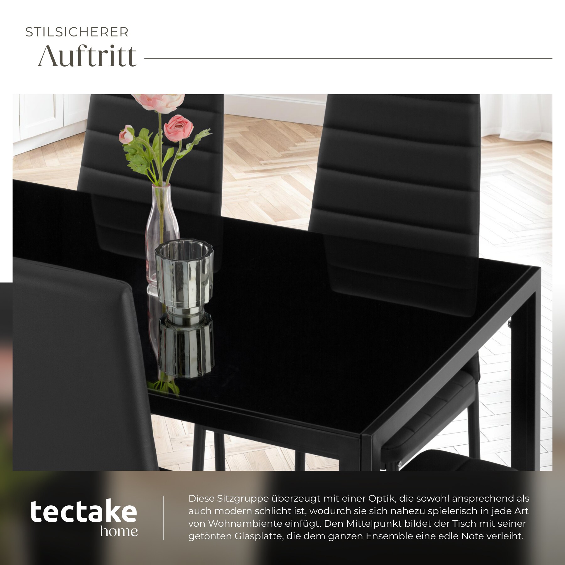 tectake® Esszimmergruppe, 7-teilig, gepolstert mit Kunstlederbezug, bodenschonende Kunststoffkappen