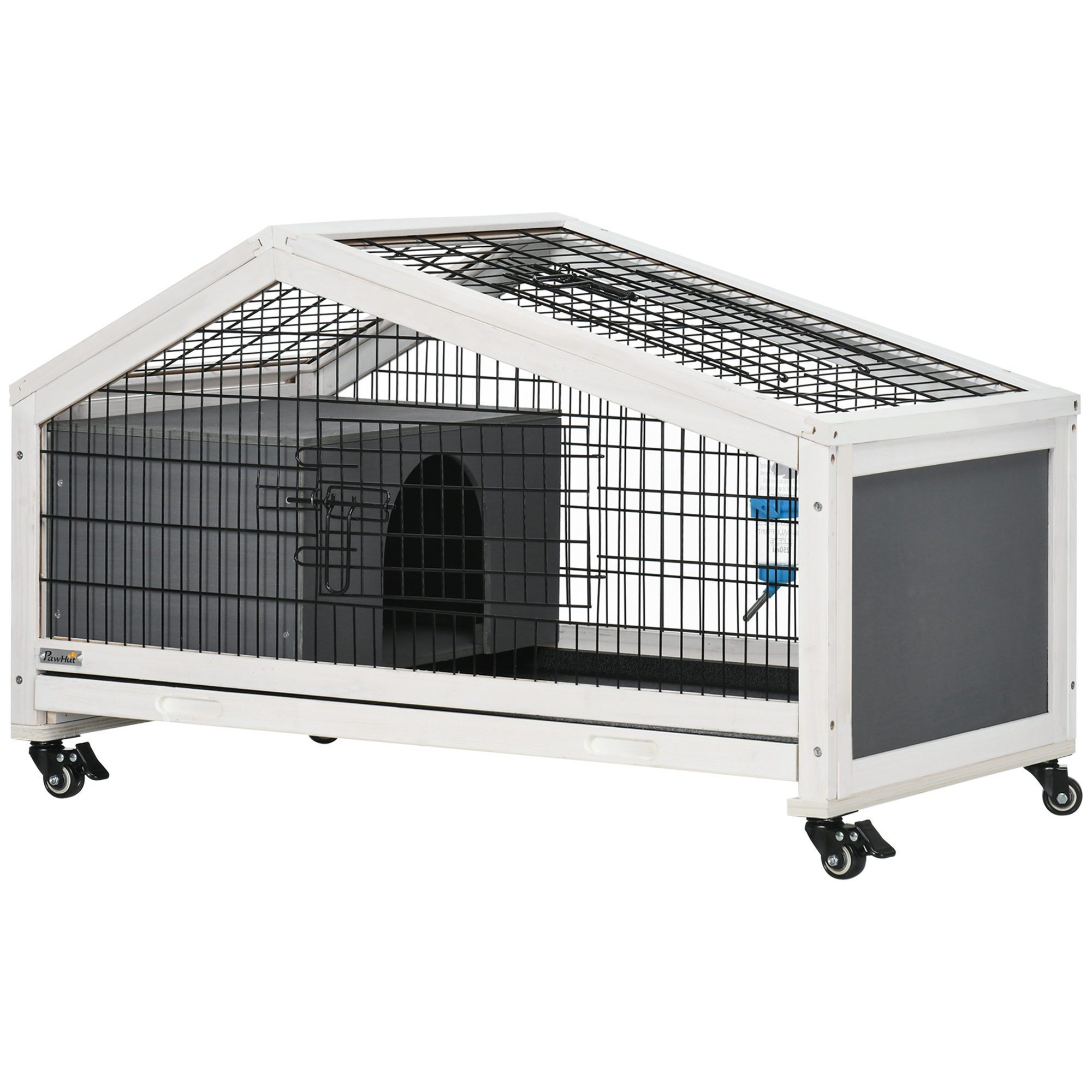 Gaiola de madeira PawHut para coelhos com rodas, 90x53x55 cm, para porquinhos-da-índia, com bandeja removível e bebedouro, casinha para pequenos animais, cinza escuro.