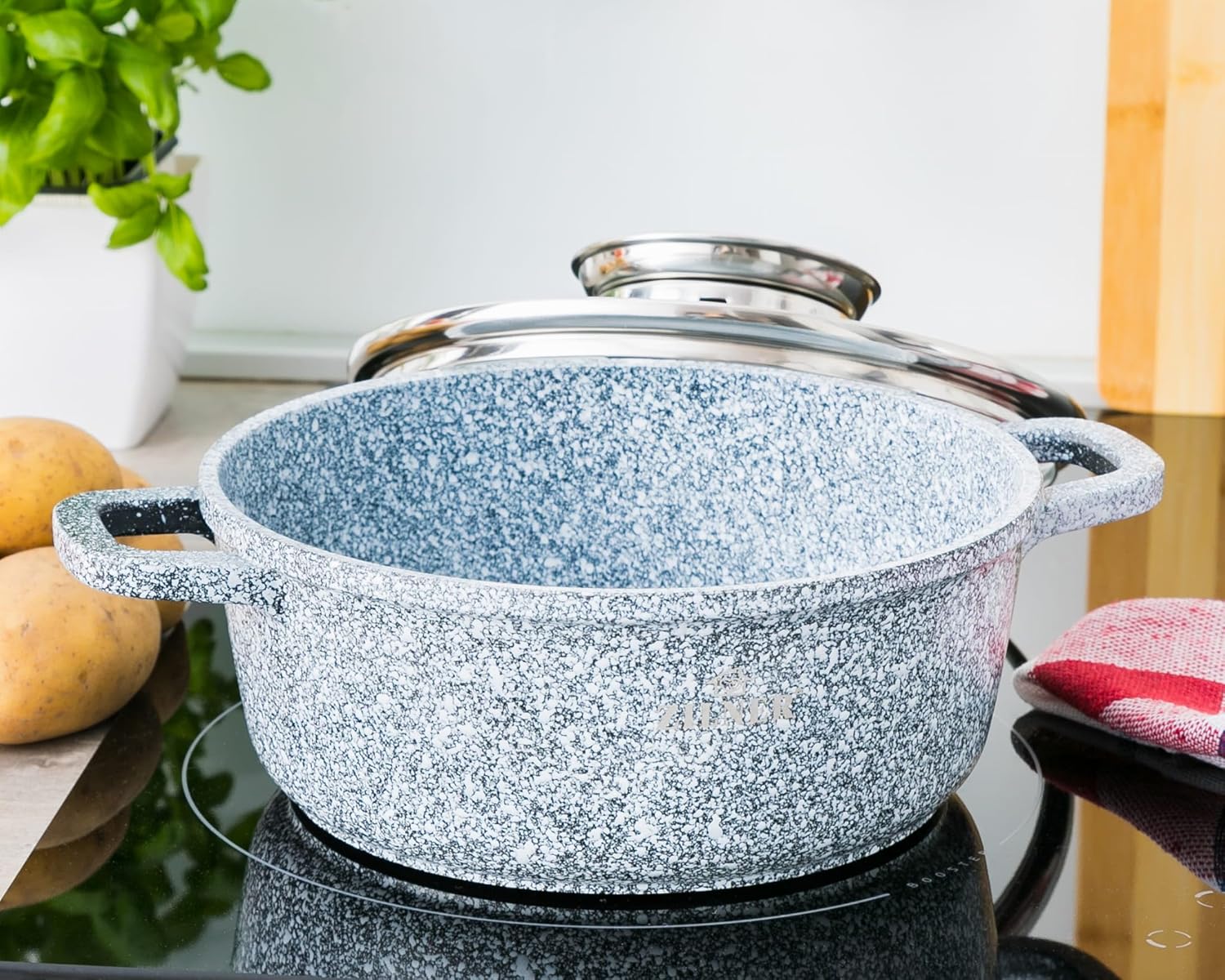 Zilner Töpfe und Pfannen Set - Topfset 17-teilig - Marmorbeschichtung und Keramikbeschichtung - mit Glasdeckeln - für alle Herdarten - Silber