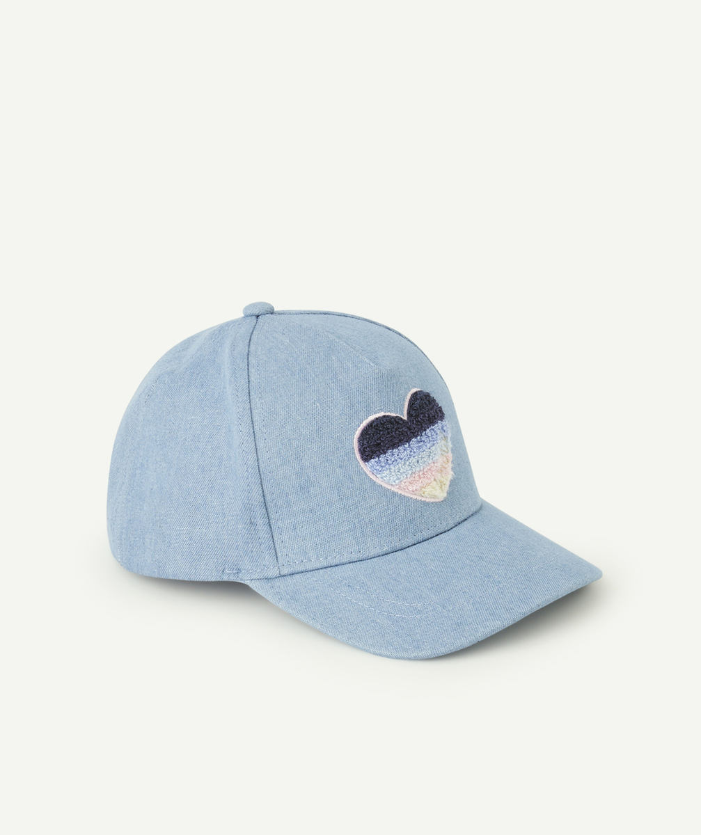 casquette bébé fille en coton effet denim bleu avec coeur en bouclettes