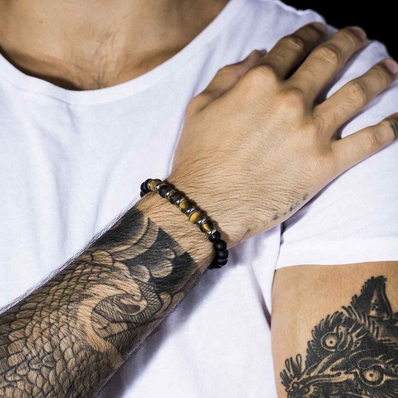 Bracelet Homme acier, oeils de tigre et pierres noir 