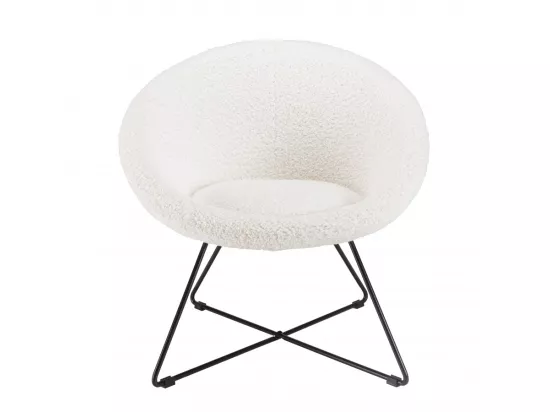 ALBANE - Fauteuil tissu bouclette blanc pieds croisés métal noir