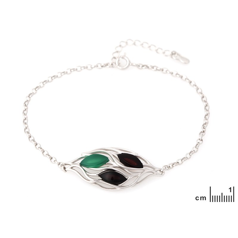 BRACELET AGATE NATURELLE TAINTEE VERTE, AMBRE ARGENT