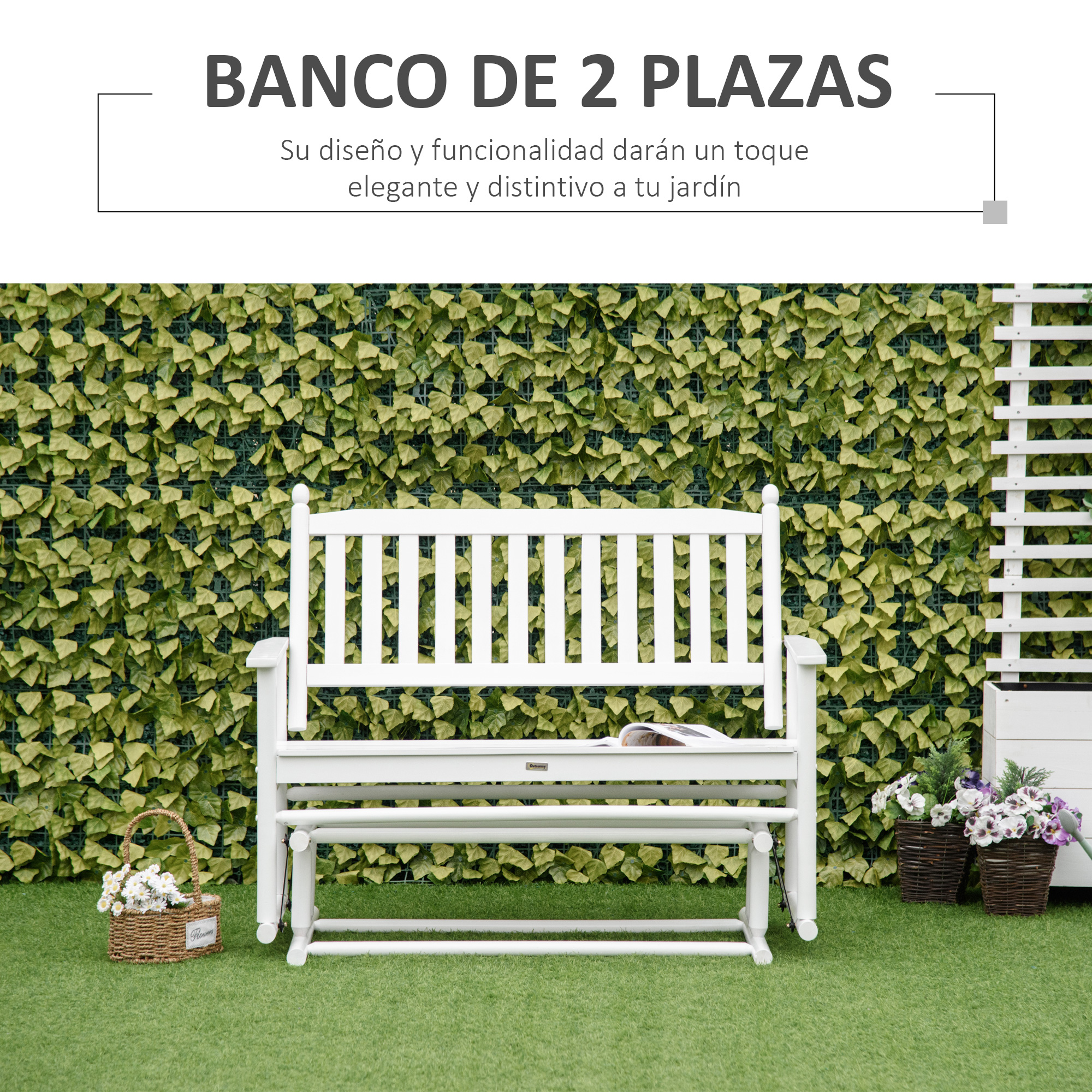 Banco de balanço de jardim Outsunny para 2 pessoas, banco de balanço de madeira com apoios de braço e encosto ripado para pátio externo, capacidade de carga de 250 kg, 125 x 68,5 x 102 cm, branco