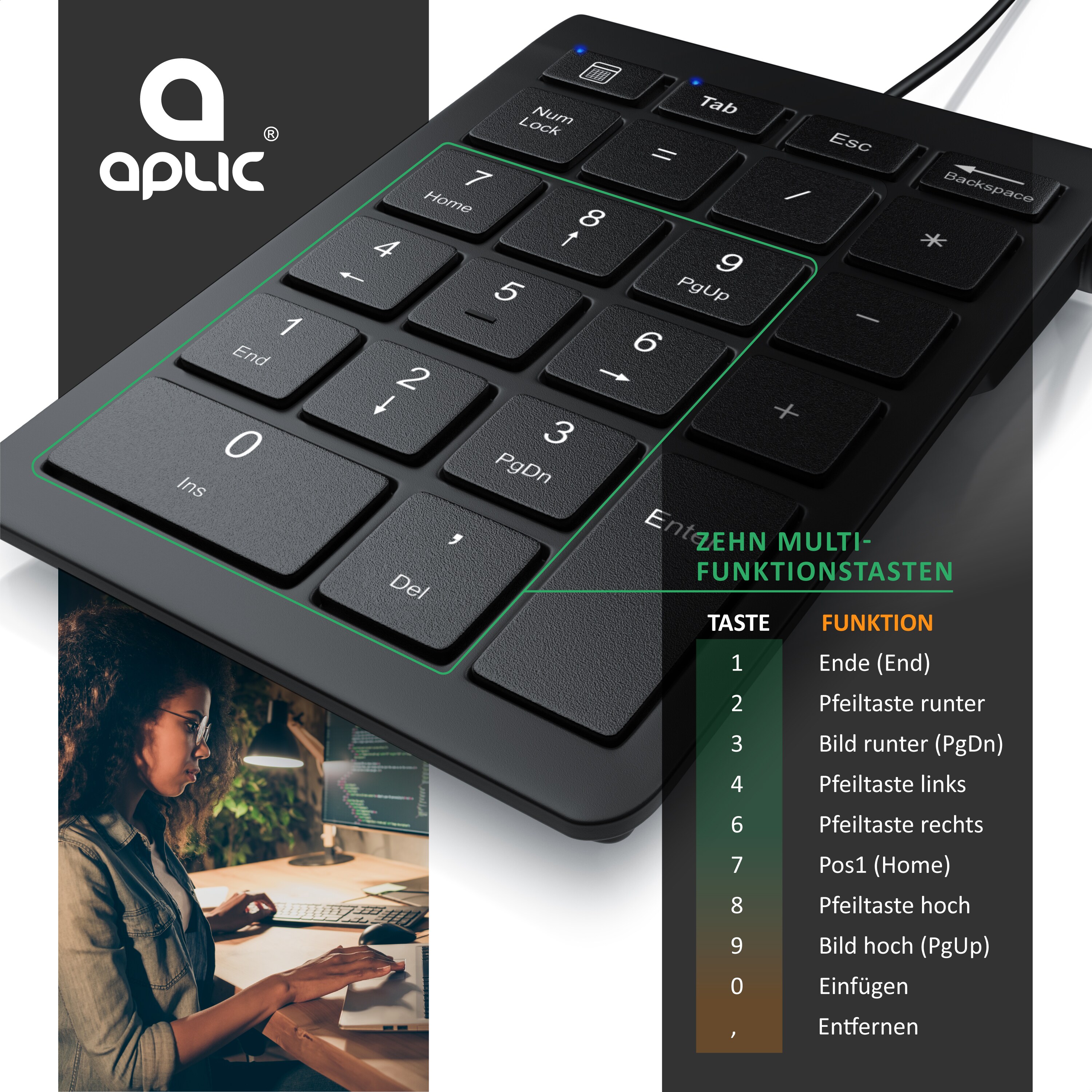 Aplic Numpad 22 Tasten - Keypad kabelgebunden USB Typ A - Ziffernblock mit 10 Multifunktionstasten - Multimedia-Keys - geneigte Tastatur - für PC
