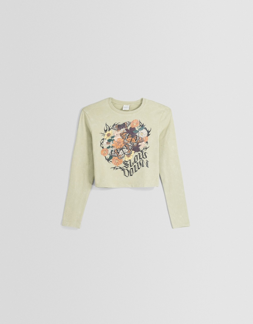 Camiseta de manga comprida com estampa de efeito desbotado