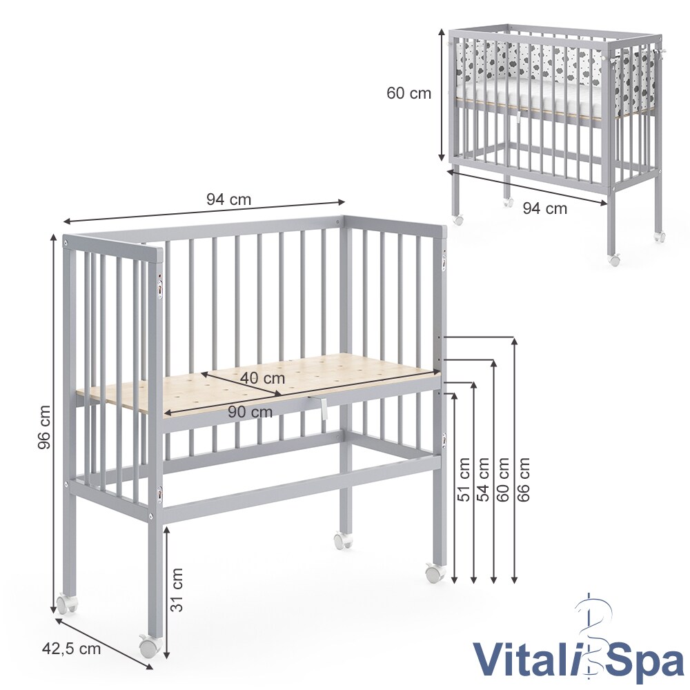 Beistellbett SOPHIE Grau Babybett Stillbett Stubenbett Nestchen Boxspringbett 2 Seitenteile