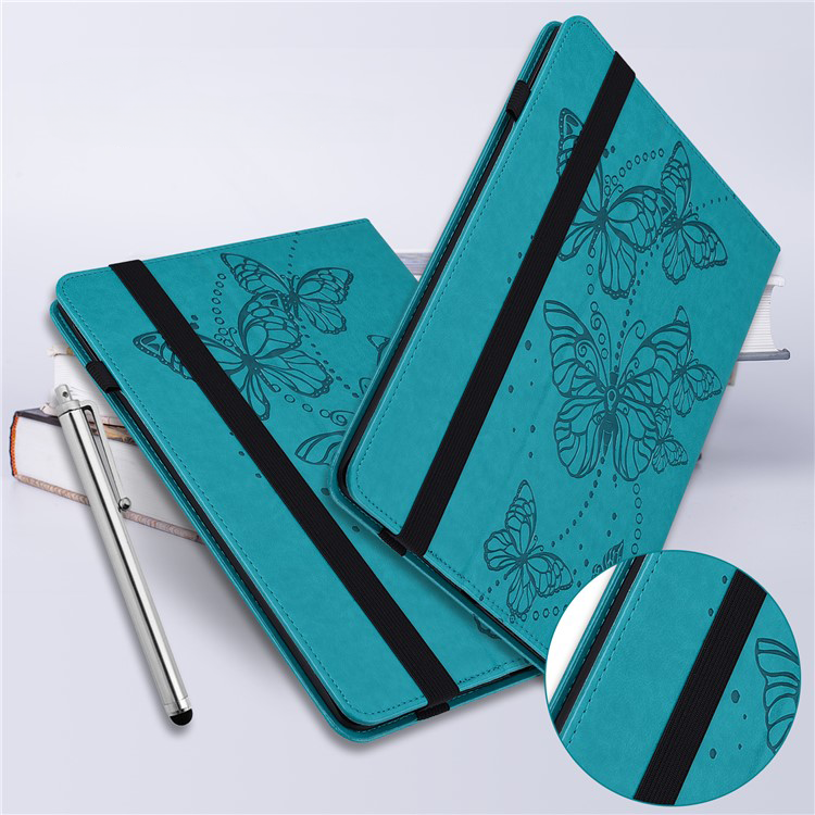 Samsung Galaxy Tab A9  Plus Leder Tasche Flip Cover Butterflies Imprint   S-Pen Halterung - Blaugrün