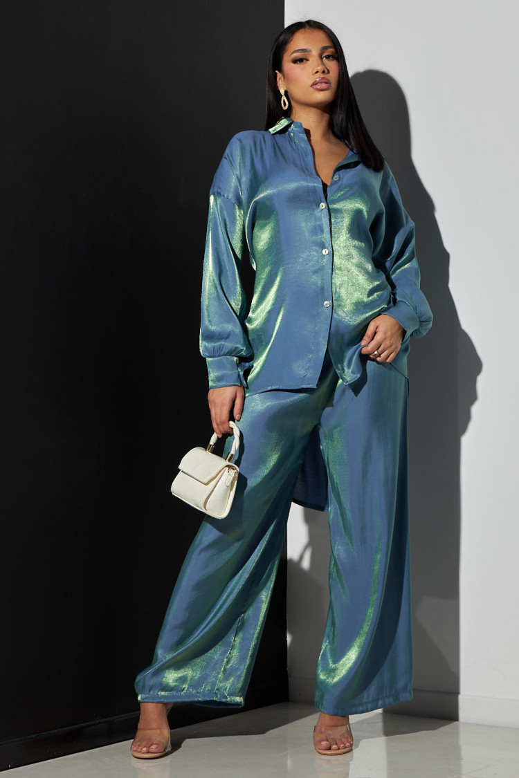 Ensemble 2 pièces chemise + pantalon satiné bleu