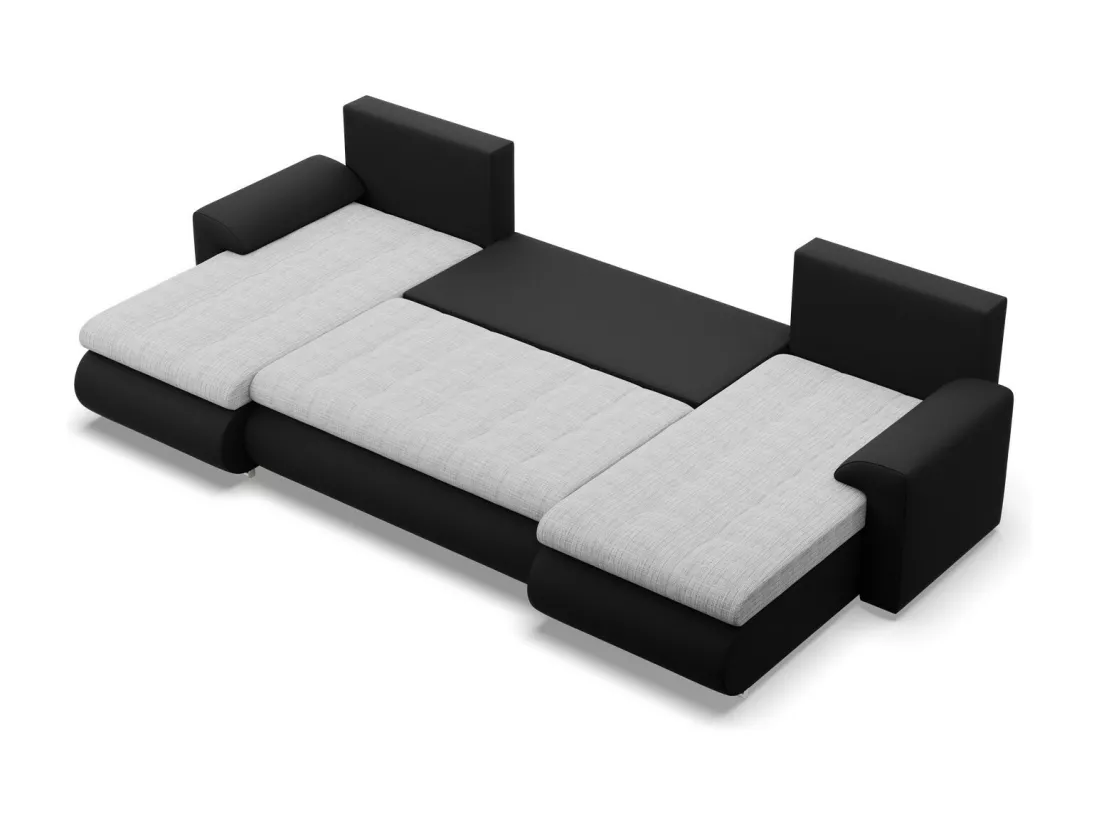 Canapé d'angle en U avec fonction sommeil, 2 méridiennes, Gris + Noir