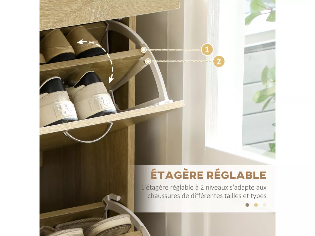 Armoire meuble à chaussures multi-rangement 2 abattants double niveau 2 tiroirs aspect chêne clair