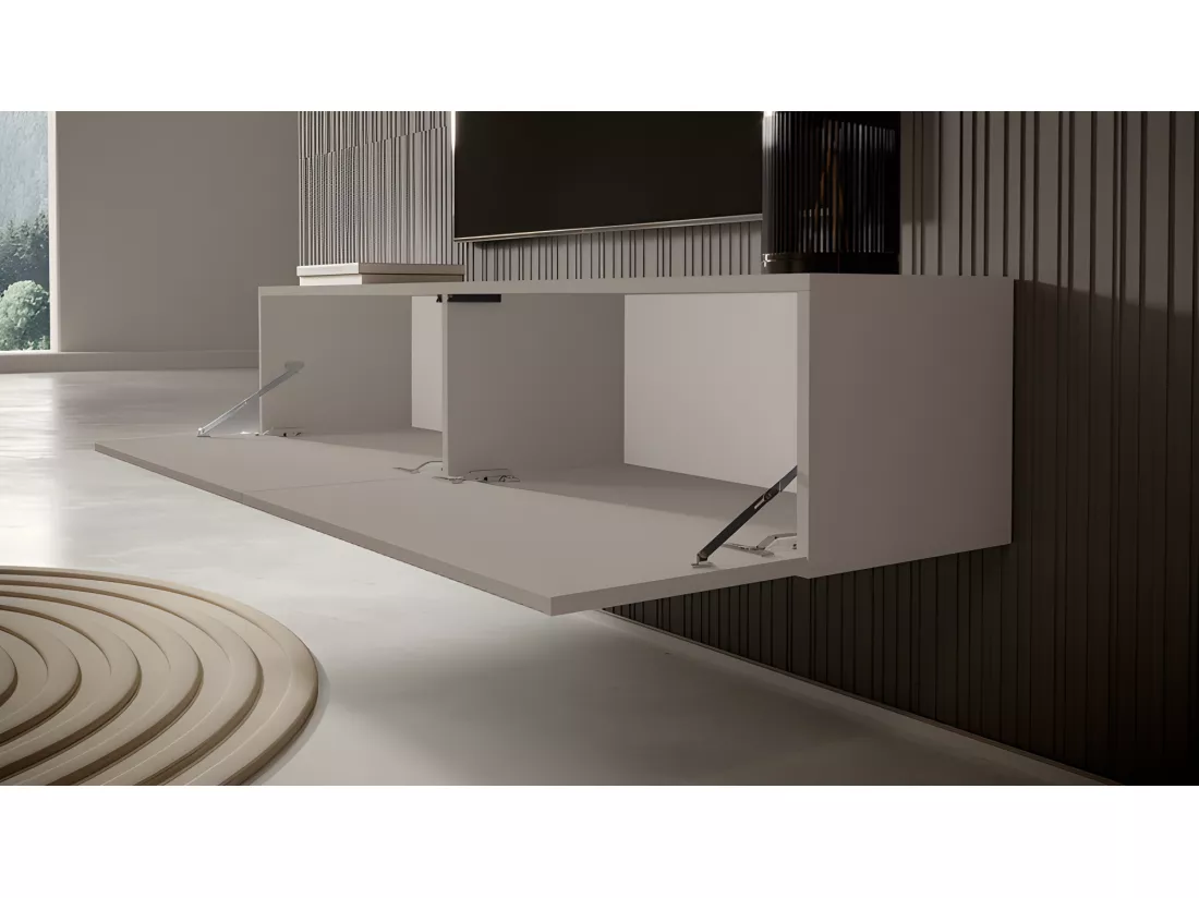 Meuble TV -140 cm - couleur gris-beige avec façade fraisée - VELDIO