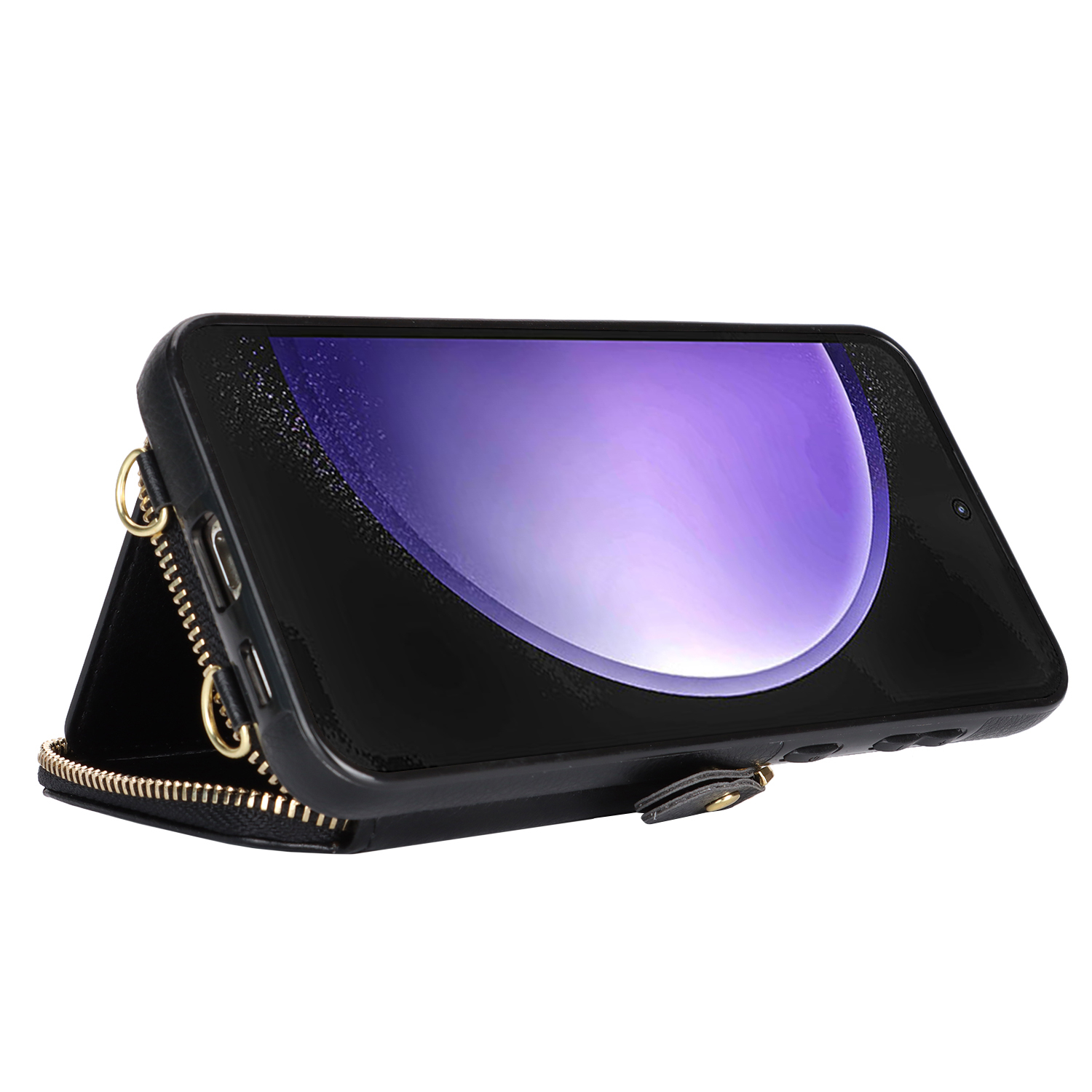 Samsung Galaxy S25 FE Necklace Leder Schutz Hülle mit Kartenfächer   Handykette (140cm) - Schwarz