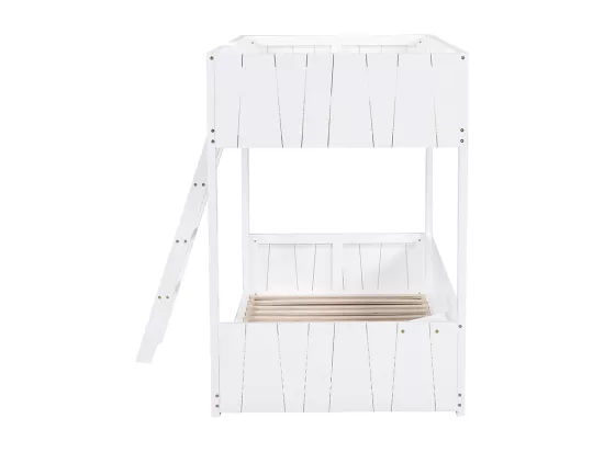 Lit superposé 90x200 cm, avec échelle à trois marches, étagères ouvertes, barrière de sécurité, blanc