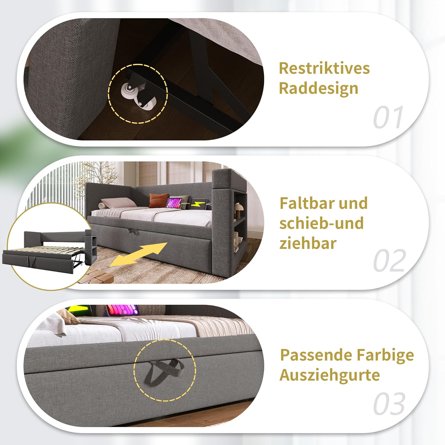 Merax Polsterbett Ausziehbares Schlafsofa 90/180x190 cm mit Lattenrosten, Daybett mit Ausziehbett, Armlehnen mit USB & Type-C Ladeanschluss und Getränkehalter, Leinen, Grau (ohne Matratze)