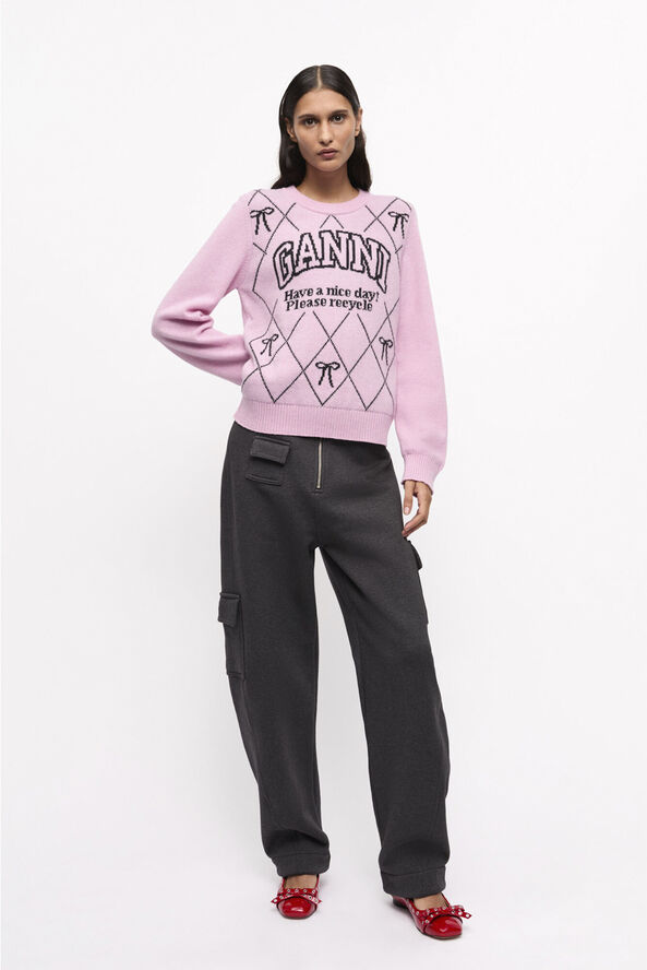 Ganni Graphic Wool Mix Bow Crewneck Mauve chalk