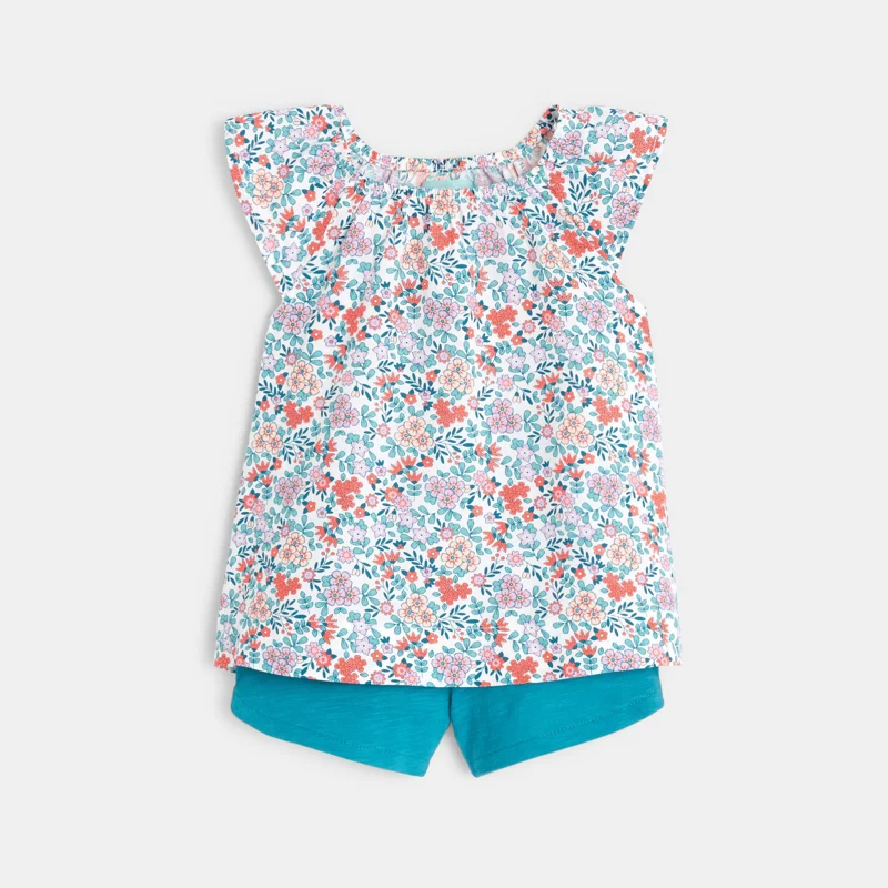 Blouse fleurie et short bleu bébé fille Gris ou noir