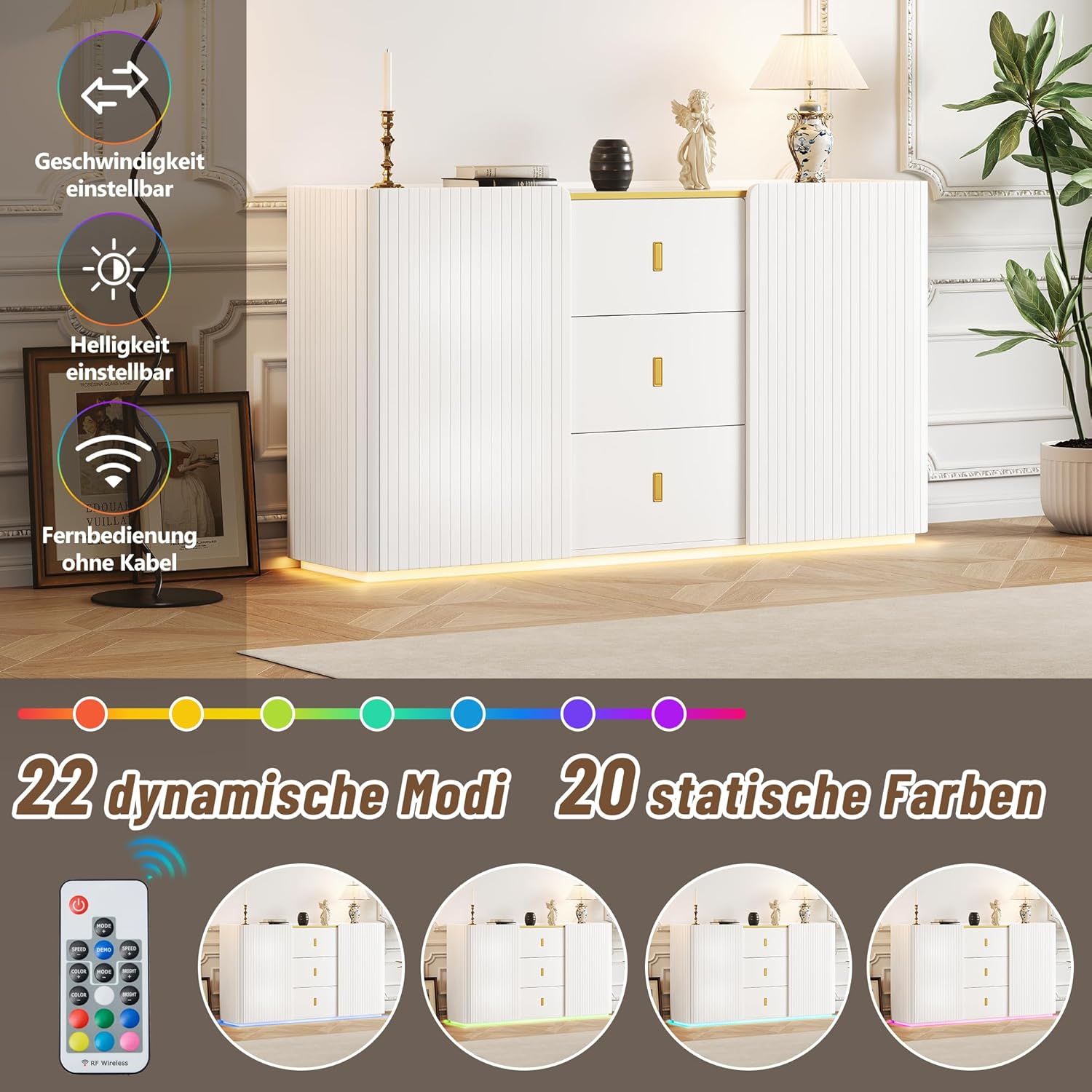 Sideboard Kommode Weiß mit LED-Licht, 150x35x80cm Küchenschrank Stauraum 2 Türen & 3 Schubladen, Seitenschrank Mehrzweckschrank Sideboard Wohnzimmer Möbel Buffetschrank Kitchen Cabinet Anrichte