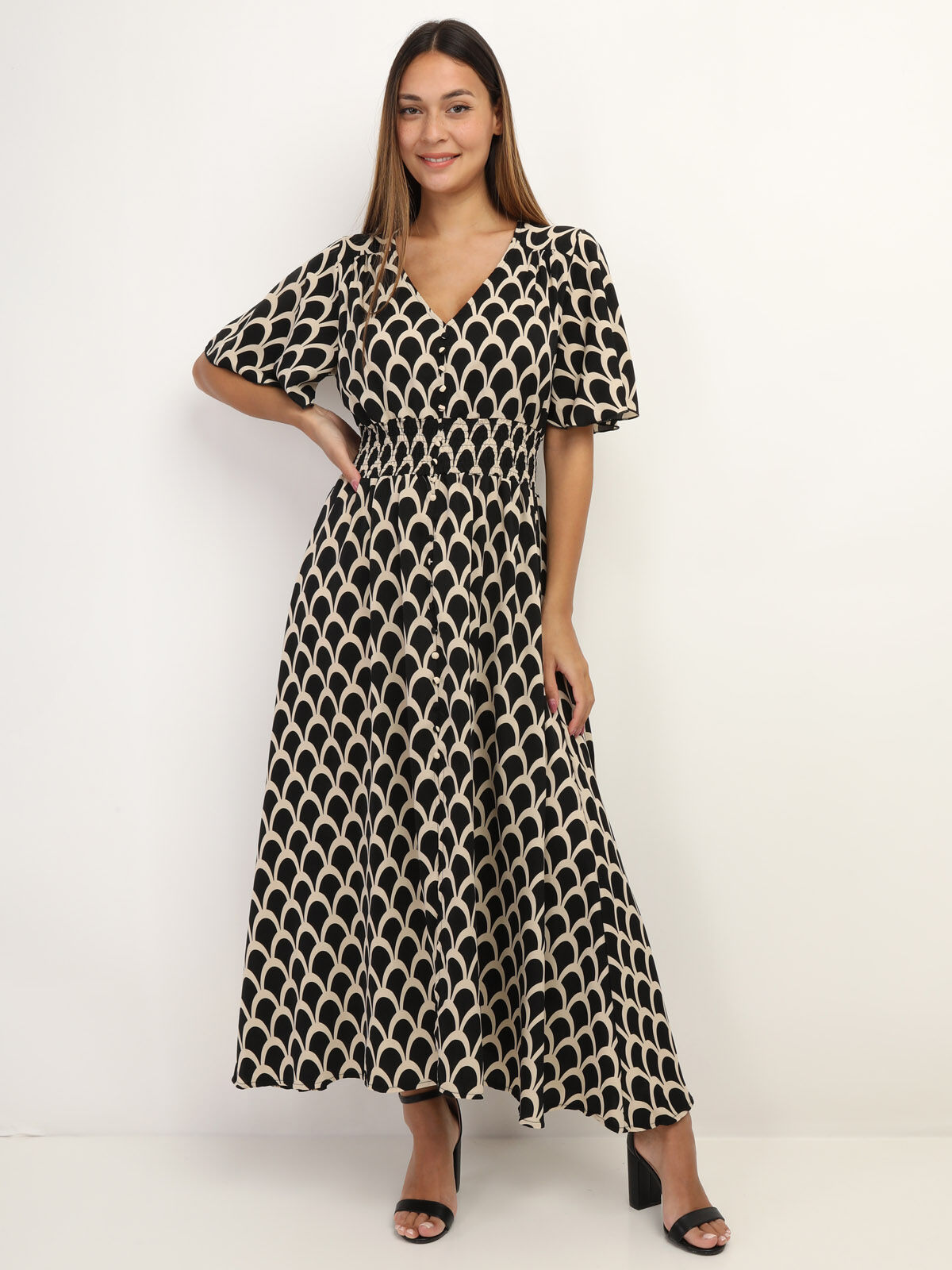 Robe boutonnée à motif graphique- Noir