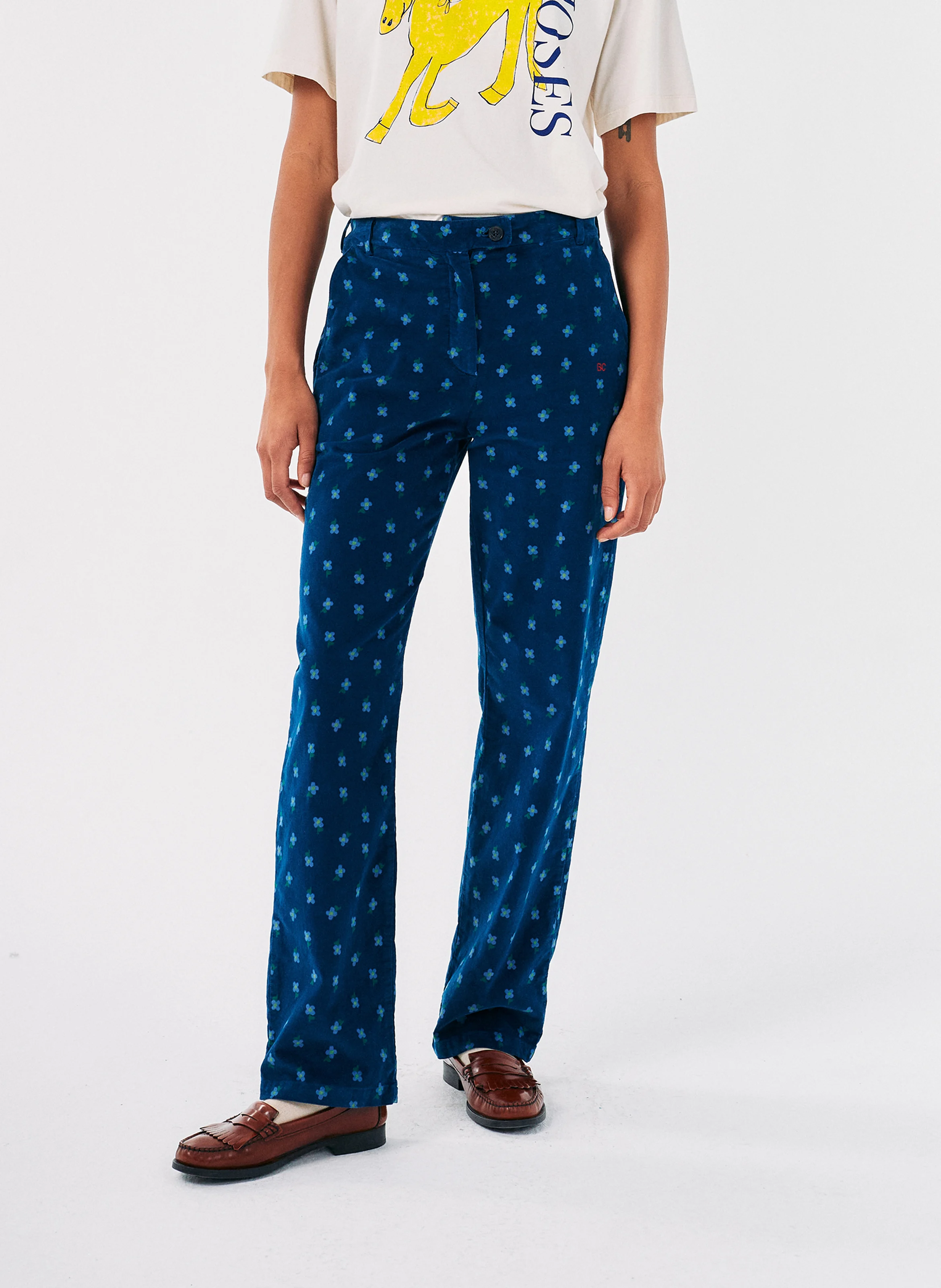 Pantalon droit en coton mélangé imprimé | Bleu