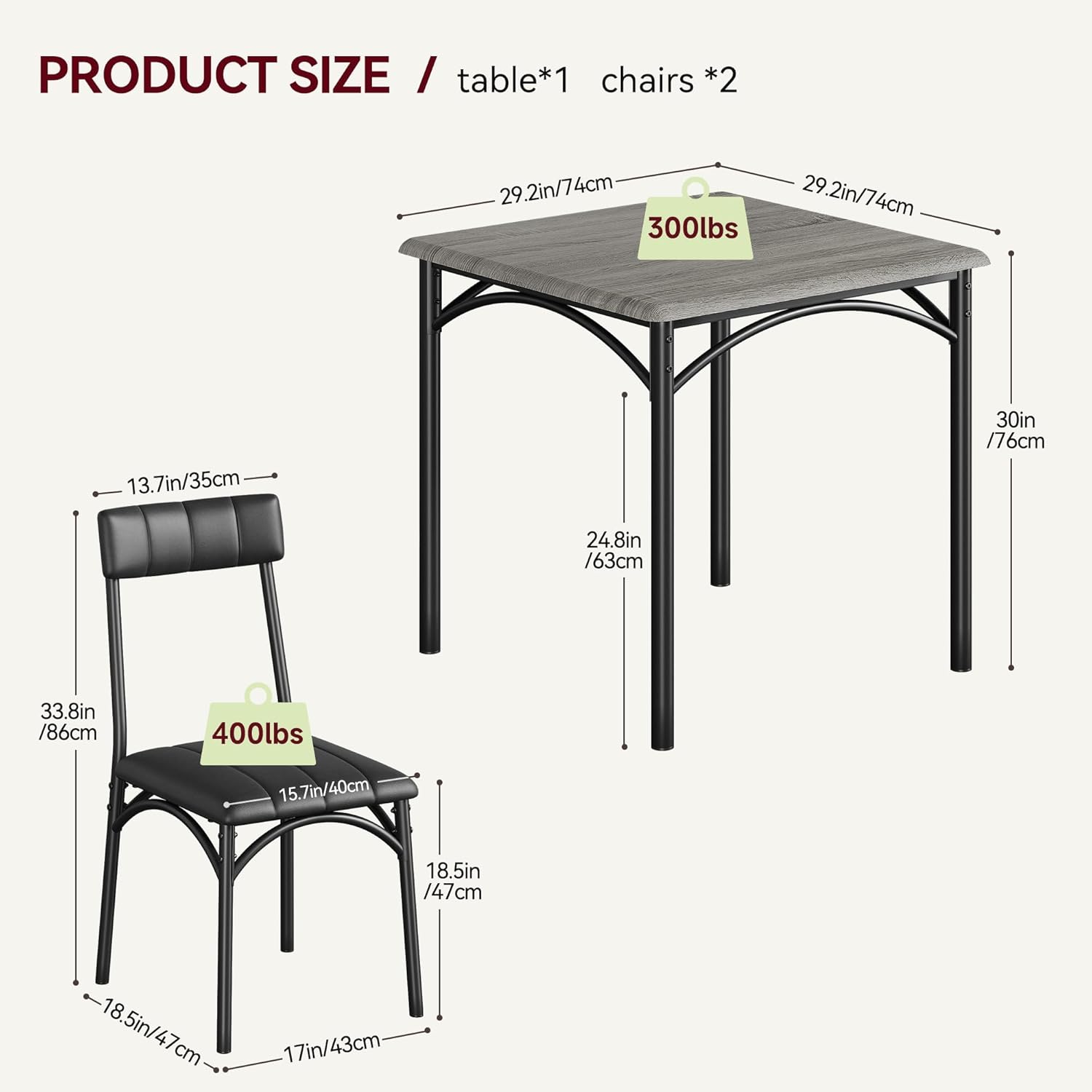 3-teiliges Küchentisch-Set, Tisch und Stühle für 2, quadratischer Esstisch aus Metall und Holz mit 2 gepolsterten Stühlen, Esstisch für kleine Räume (Grau 2)