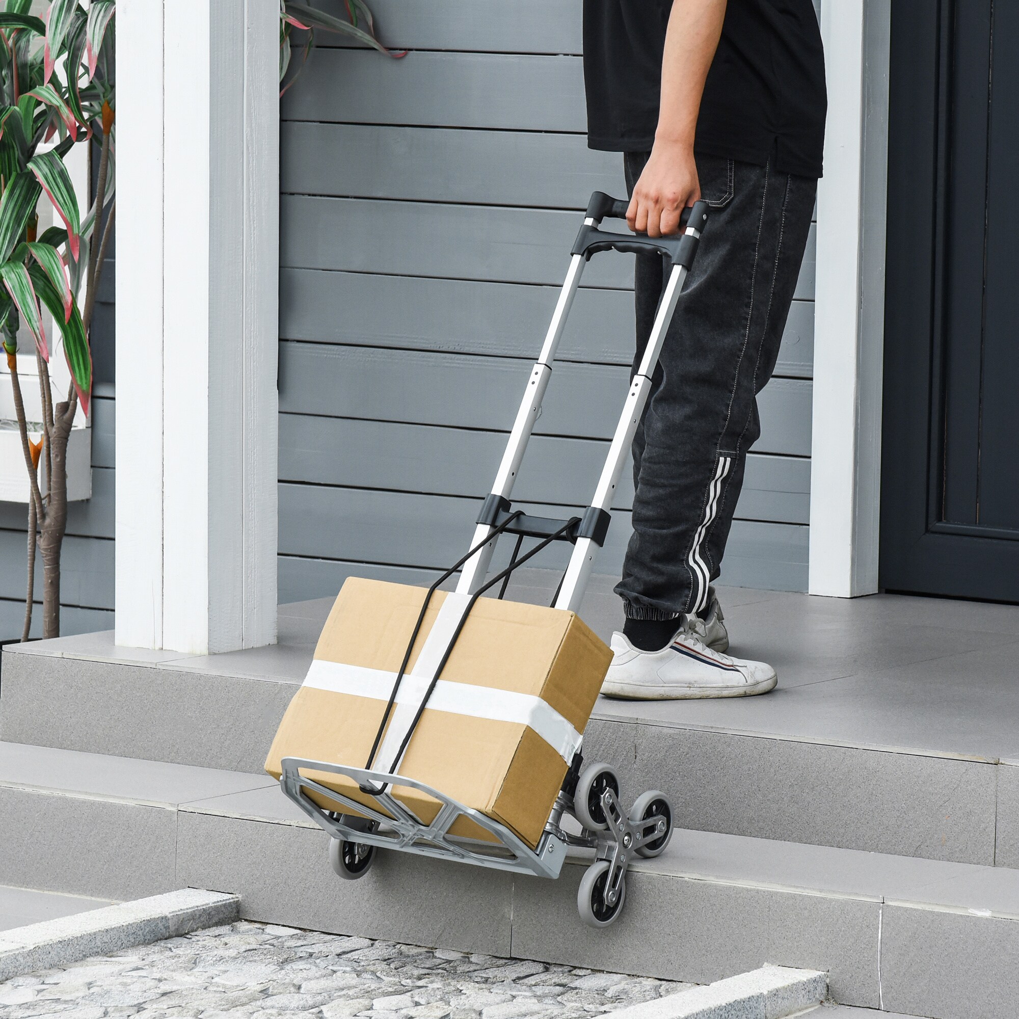 DURHAND Sackkarre mit 6-Rollen für Treppen silber, schwarz 47L x 47B x 100H cm