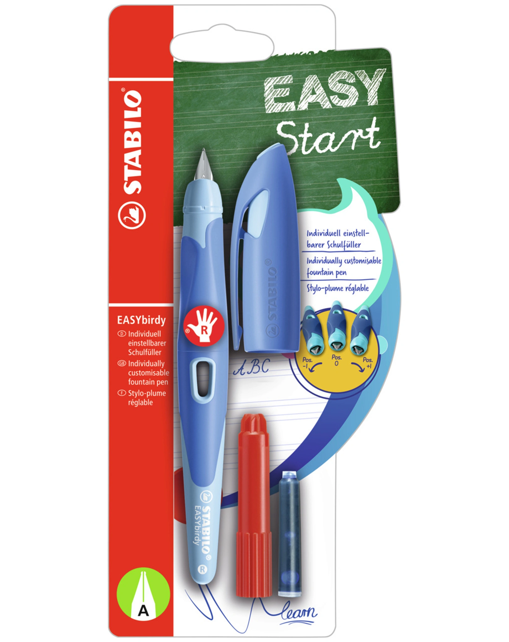 Schulfüller STABILO® EASYbirdy PASTEL Feder A für Rechtshänder in blau/hellblau