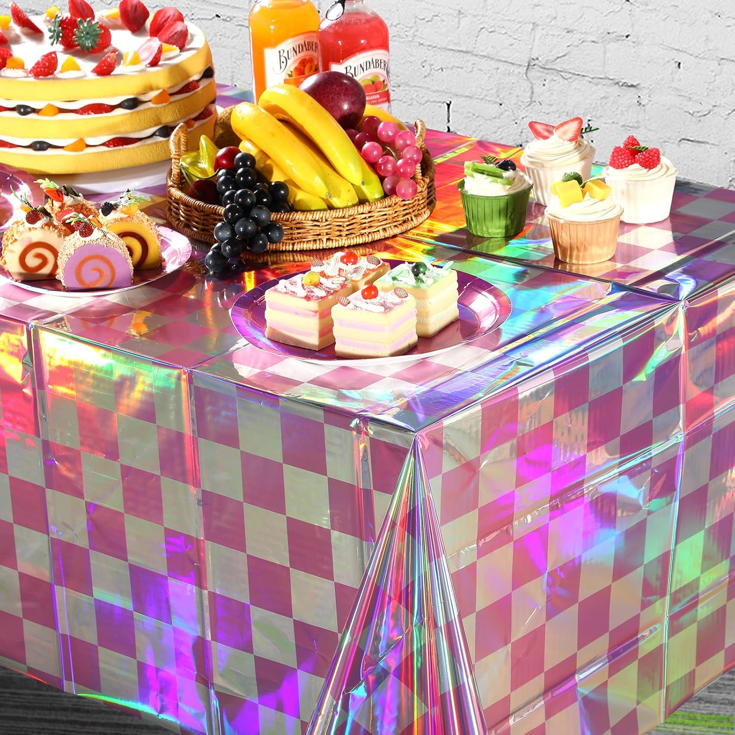 (3er Set) 183x137cm Metallic Deko Folien Tischdecke Party Dekoration Tisch Tuch Kariertes Design - Silber / Rosa