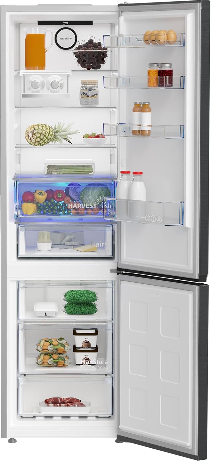 Beko B7RCNA407HXBR bPRO 700 freistehende Kühl-/Gefrierkombination, großer Kühlschrank, 355 l, NoFrost, AeroFlow, Smooth Fit: 90 Grad Türöffnung, Kühl-Gefrier-Multizone, HarvestFresh, Dark-Inox