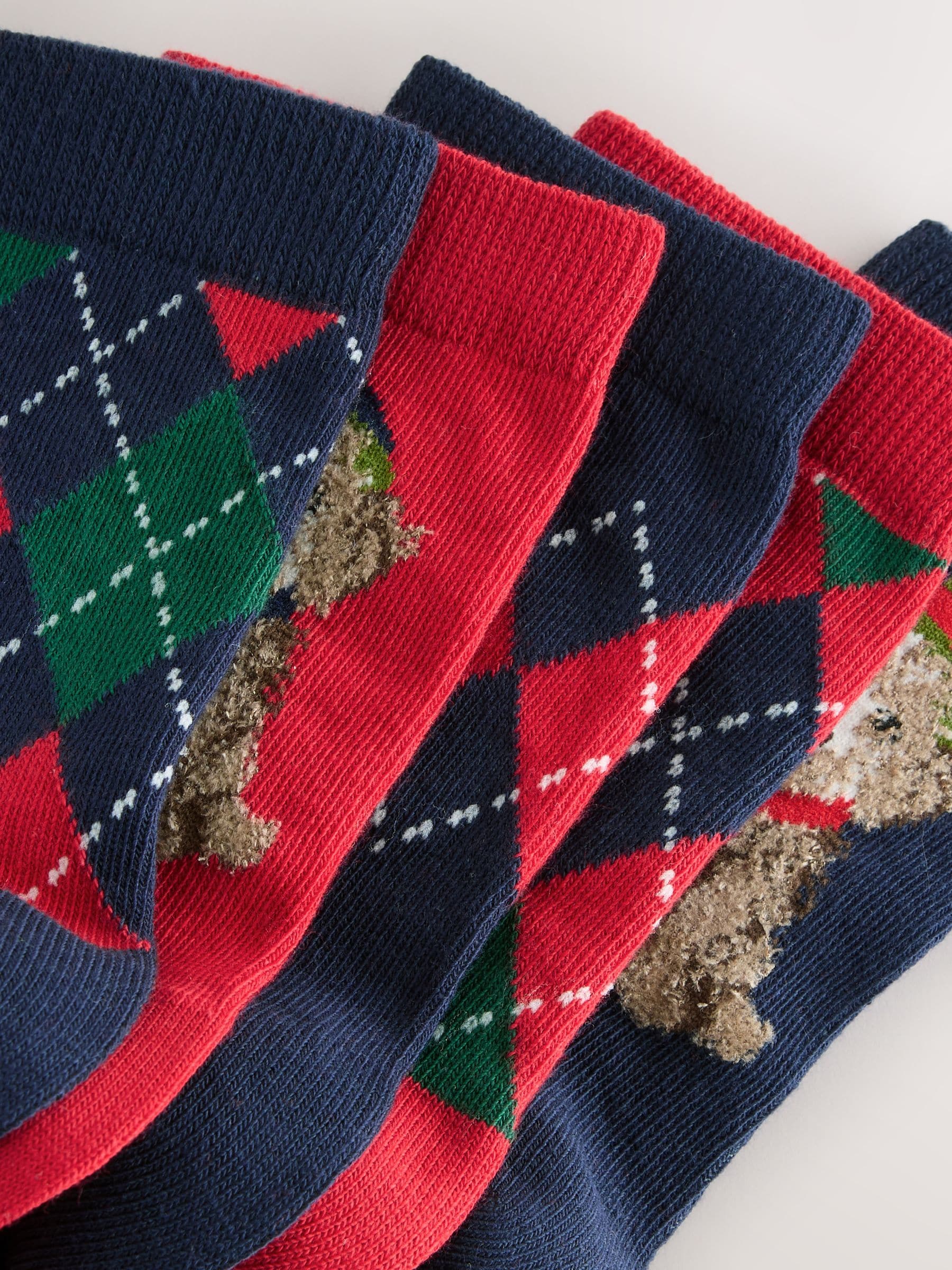 Navy Blue/Red Argyle Dog - Kerstsokken met hoog aandeel katoen, verpakking van 5