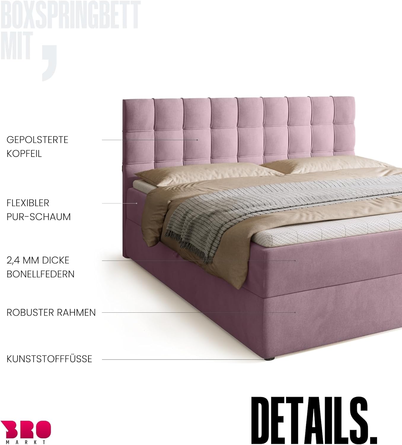 BROMARKT Boxspringbett mit Bonell Matratze und Bettkasten Doppelbett mit Topper 180x200cm Härtegrad H3 Bett für Schlafzimmer gepolsterte Kopfstütze Detroit Puderrosa