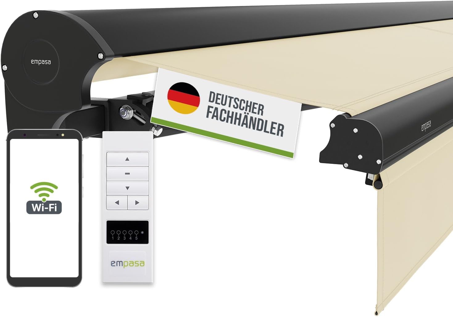 empasa elektrische Kassettenmarkise Expert Plus Markise mit WiFi-Motor Smart Home kompatibel, Terrassenüberdachung mit Volant, komplett vormontiert, Größe:3.5 x 2.5 m, Stofffarbe:Elfenbein