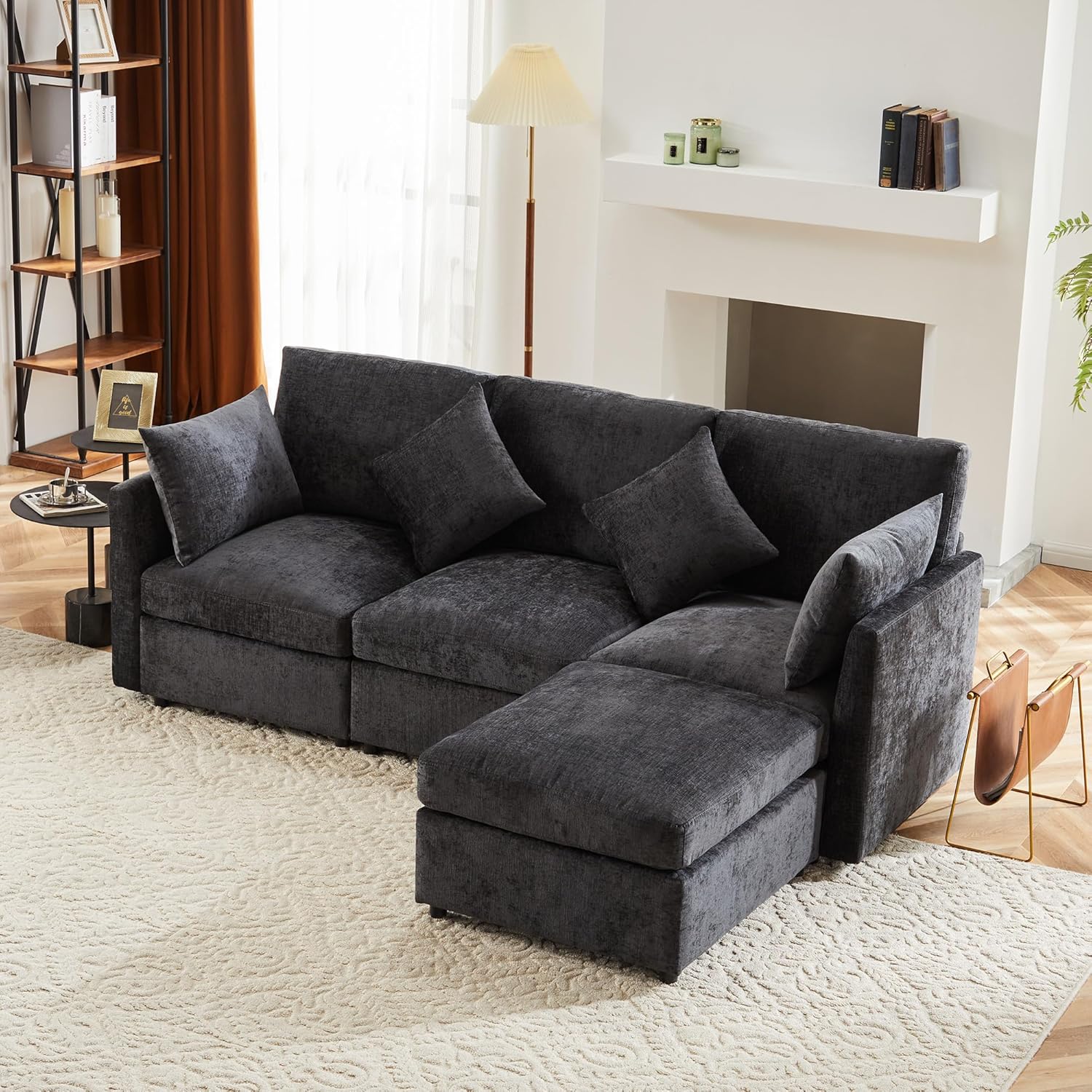 Merax Ecksofa L-Form Modulares 3-Sitzer Sofa mit umwandelbarem Fußhocker, Chenille-Stoff, Premium Komfort, Raumsparend & Wandelbar,Grau