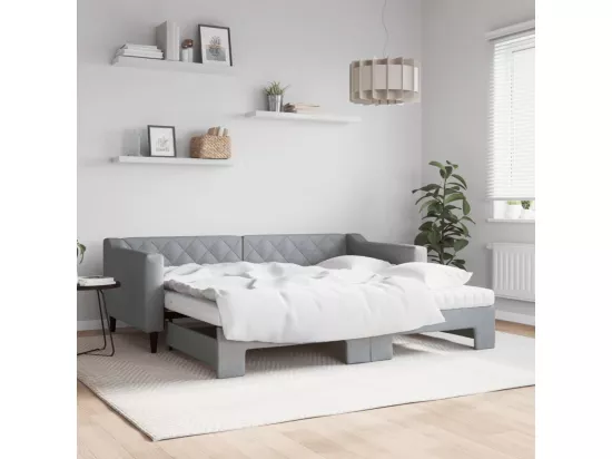 Lit de jour avec gigogne et matelas gris clair 90x190 cm tissu