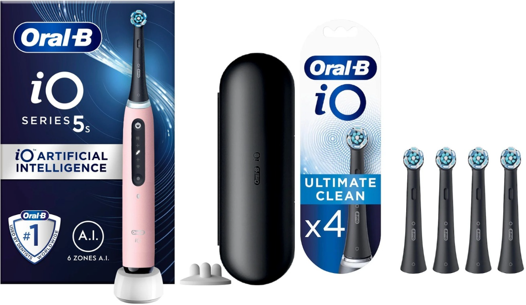 Oral-B - iO5s Pink Elektrisk Tandbørste & iO Ultimate Clean Sorte Udskiftningshoveder 4 styk (Bundle)