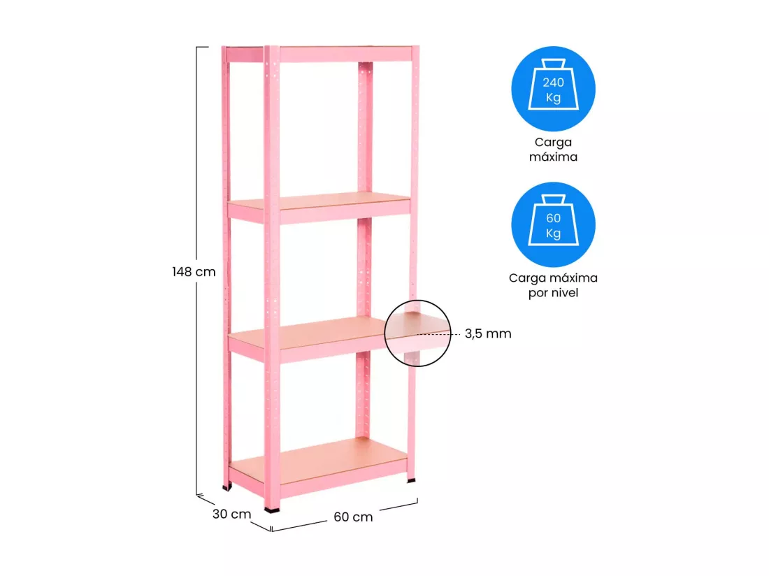 Pack 2 Etagères Métalliques avec 4 Etagères Ajustables 148x60x30cm 240 Kg Rose Thinia Home