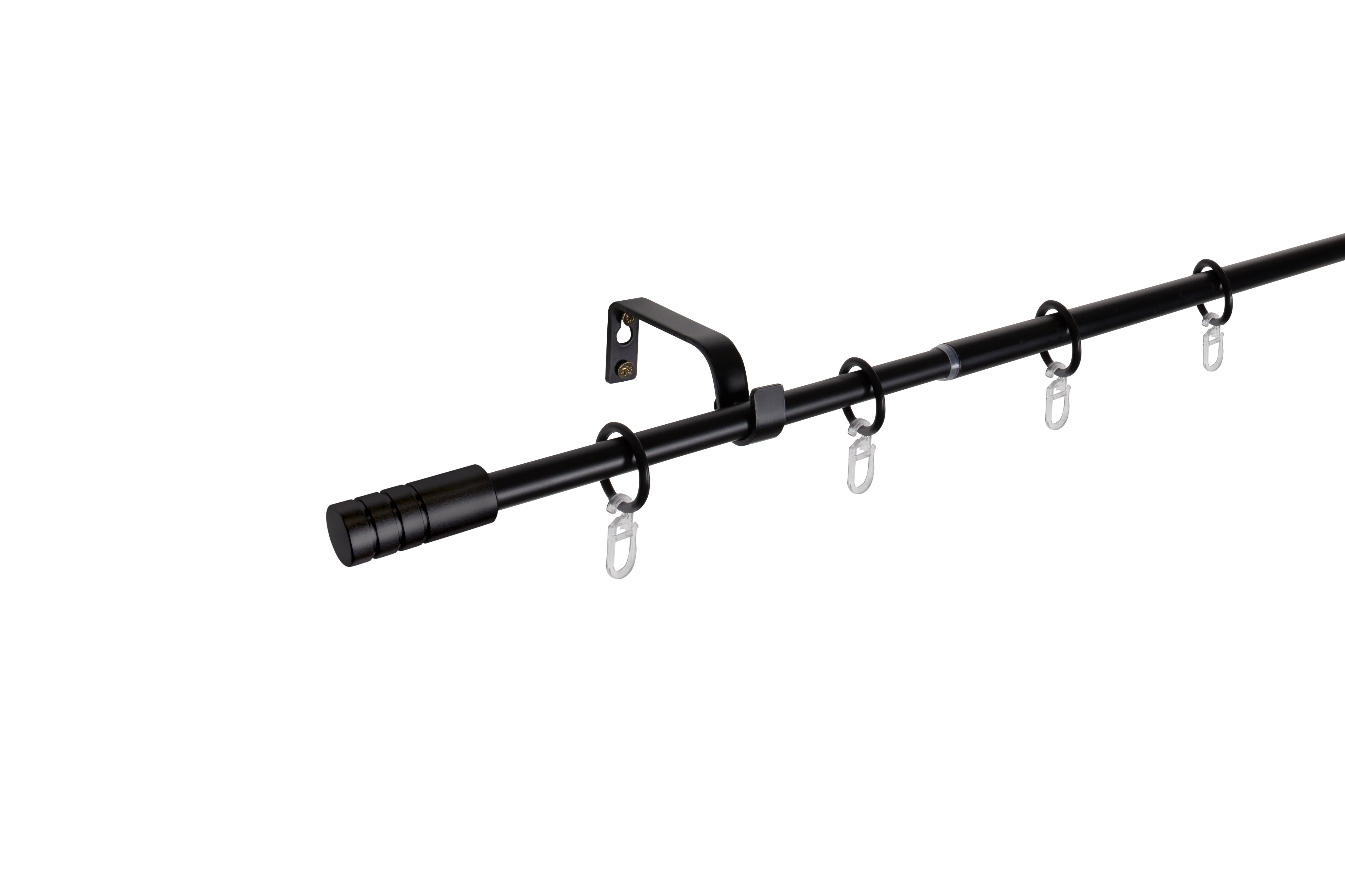 Ondeco Gardinenstange ausziehbar 1-lauf Wandmontage Endstück Rille, Komplettgarnitur 13/16 mm mit Ringen Größe: 120-210 cm, Farbvariante: Schwarz