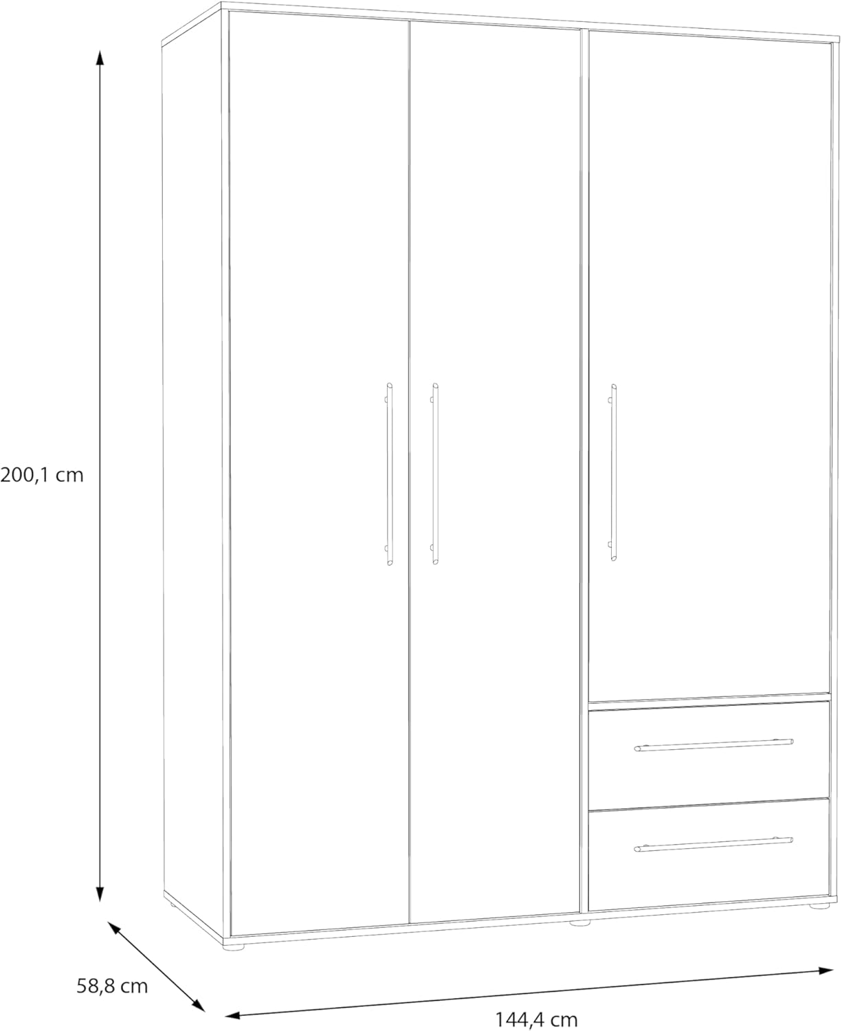 FORTE Jupiter Schrank 140 150, Kleiderschrank, Drehtürenschrank, 3-türig, mit 2 Schubladen und Einlegeböden, Betonoptik Grau und Weiß, 145 cm breit x 59 cm tief x 200 cm hoch