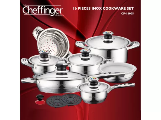 Cheffinger CF-1600S: Batterie De Cuisine 16 Pièces En Acier Inoxydable (Inox)