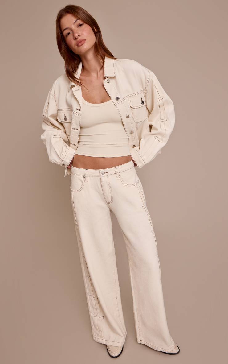 Ecru Jean En Denim Écru À Détails Plissés