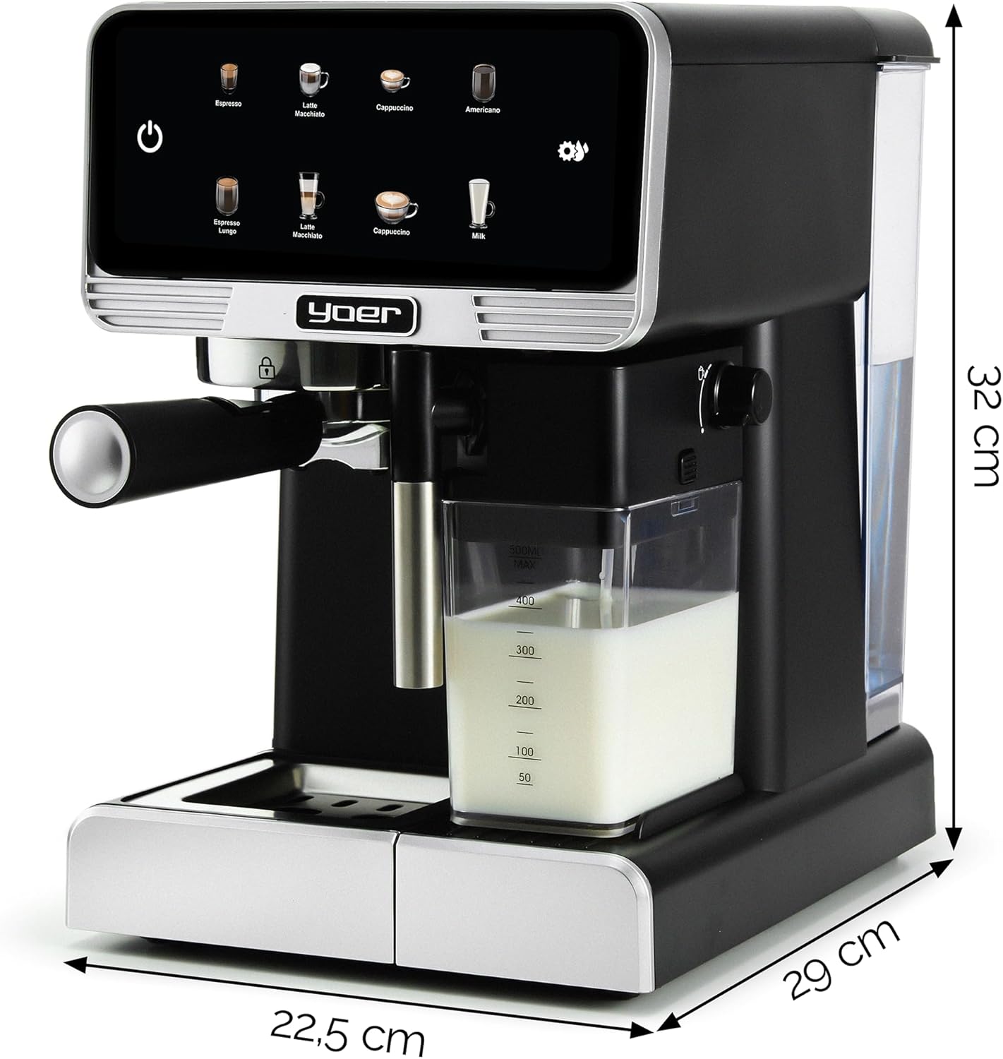 YOER Kaffeevollautomat mit automatischer Milchaufschäumer, 6 Kaffeespezialitäten, Touchscreen, 20 bar, 1350W, Kaffeemaschine für Espresso, Cappuccino & Latte Macchiato, Creamo EMF03BK, schwarz