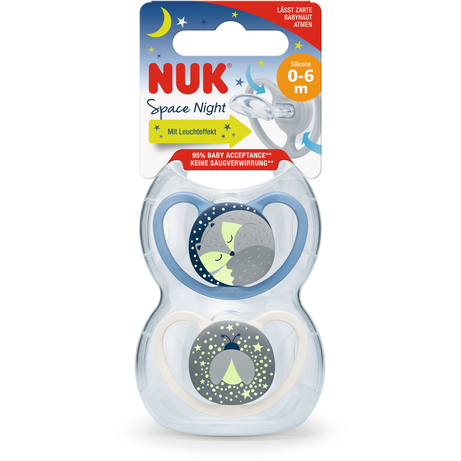 NUK Nachtschnuller Space Gr. 1, 0 - 6 Monate Silikon,  Fuchs & Glühwürmchen, 4 Stück