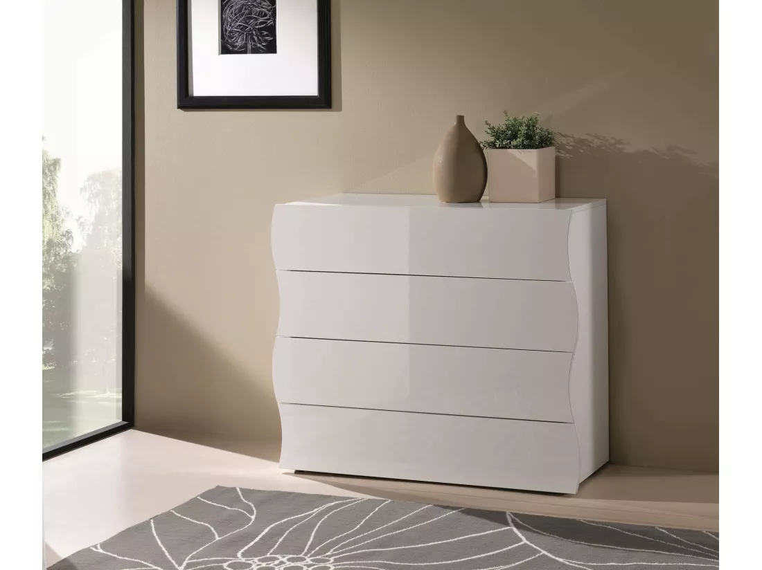 Commode Dhainau, Commode 4 tiroirs, Commode de chambre, 100% Made in Italy, 98x40h82 cm, Blanc brillant